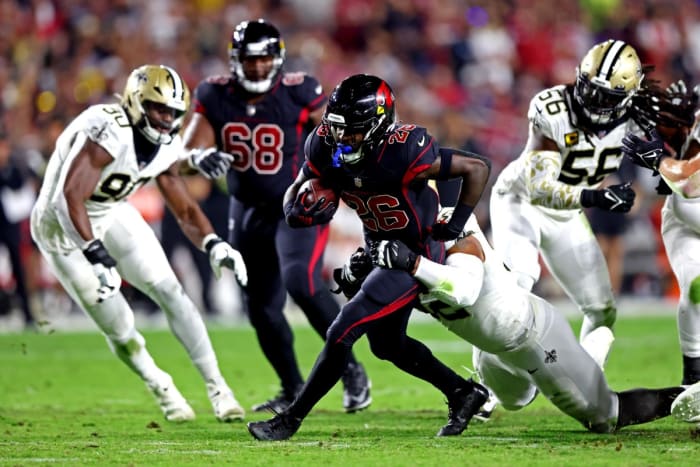 Arizona Cardinals running back Eno Benjamin (26) runs the ball against the New Orleans Saints. Mandatory Credit: Mark J. Rebilas-USA TODAY Sports